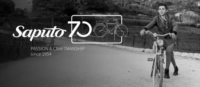 A black and white image of a boy in a cycle and company logo of Saputo with the text, "Passion and craftsmanship since 1954."